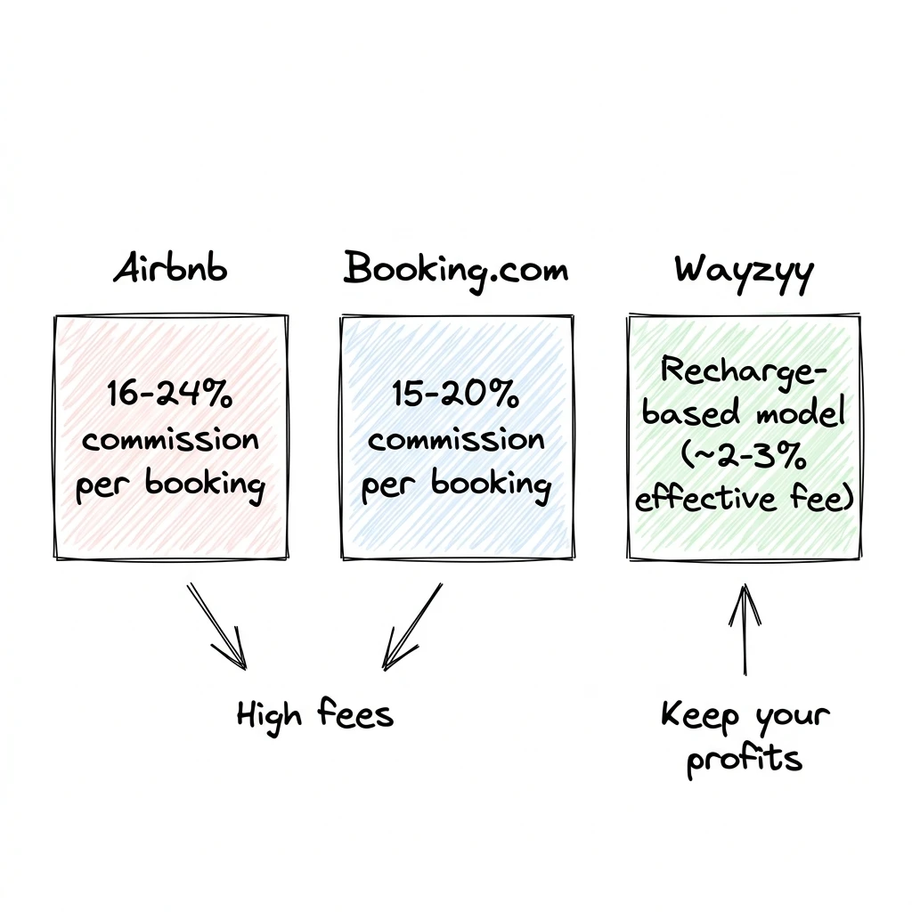 Excalidraw sketch diagram comparing Airbnb, Booking.com, and Wayzyy business models and fees