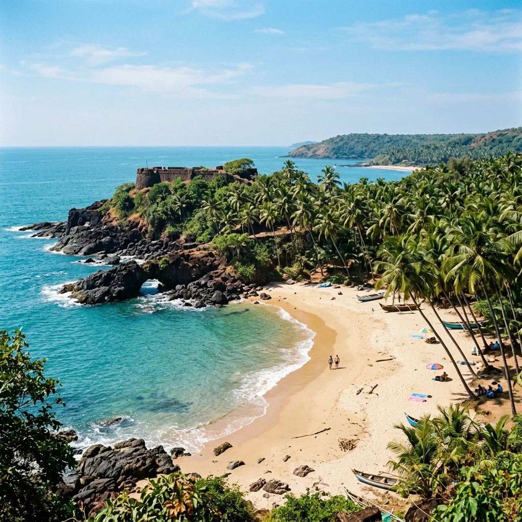 Scenic view of the secluded Cabo de Rama Beach below the cliffs, showing quiet sand and dark rocks meeting the blue sea
