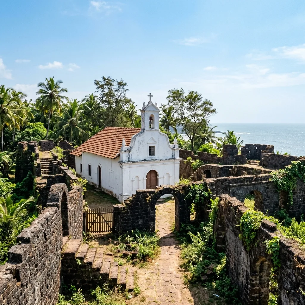 Whitewashed St. Anthony church chapel standing inside the ancient stone ruins of Cabo de Rama Fort