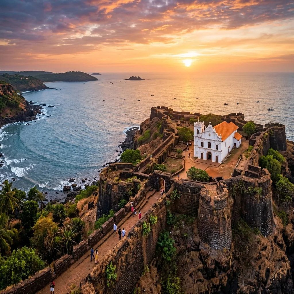 Beautiful panoramic sunset view of Cabo de Rama Fort ruins and stone walls overlooking the Arabian Sea in South Goa