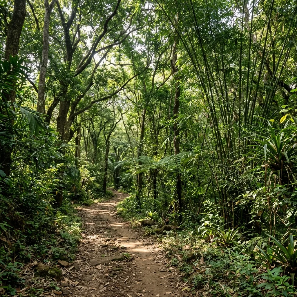 Quiet, shaded walking pathway trail winding through the tropical forest of Cotigao Wildlife Sanctuary