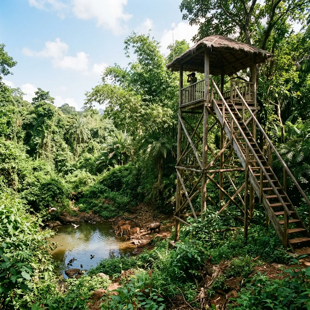 Tall treetop watchtower overlooking a forest watering hole with deer drinking water at Cotigao Wildlife Sanctuary