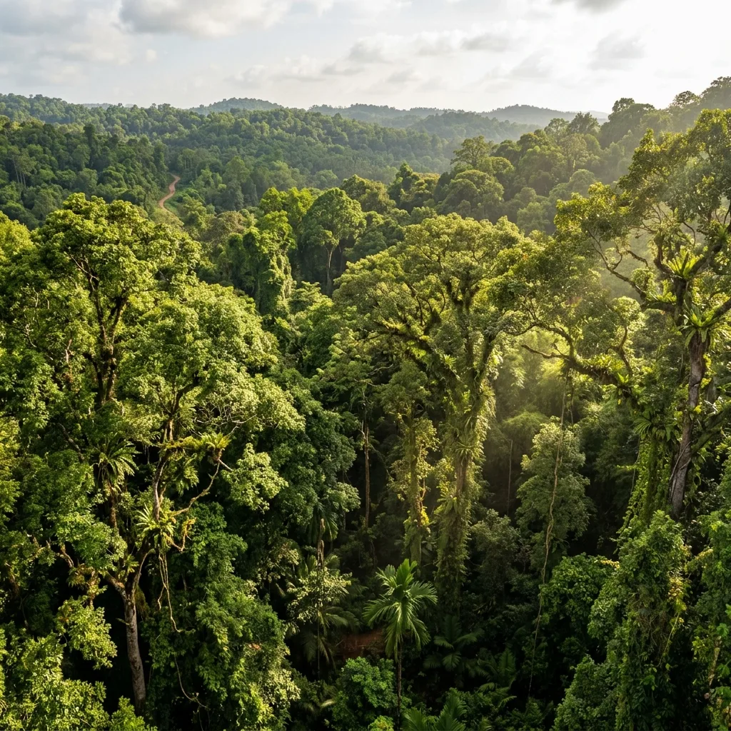 Dense tropical tree canopy of Cotigao Wildlife Sanctuary in South Goa with sunlight filtering through