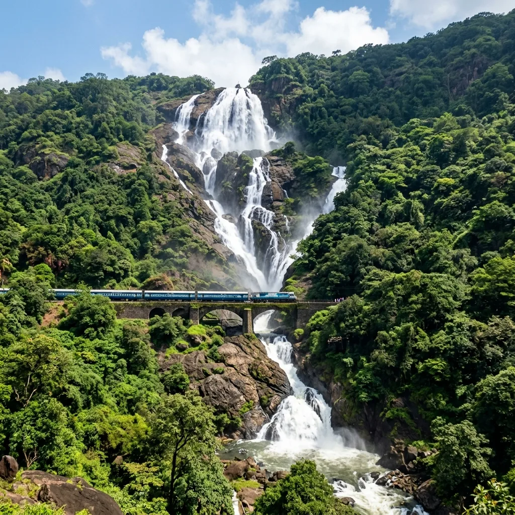 Panoramic wide shot of the epic four-tiered Dudhsagar Falls in Goa with a train passing on the bridge