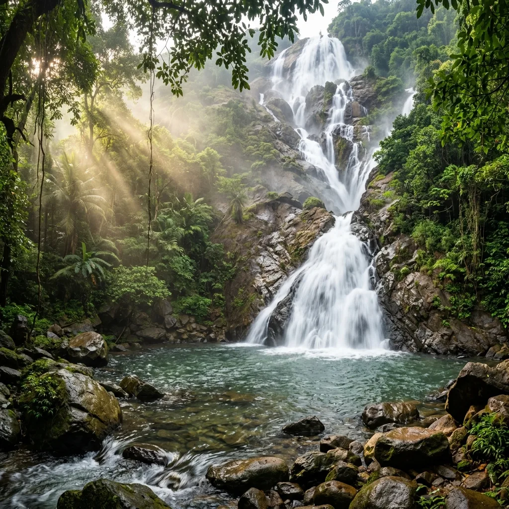 The natural rocky plunge pool at the bottom of the cascading Dudhsagar Falls under tropical canopy shade