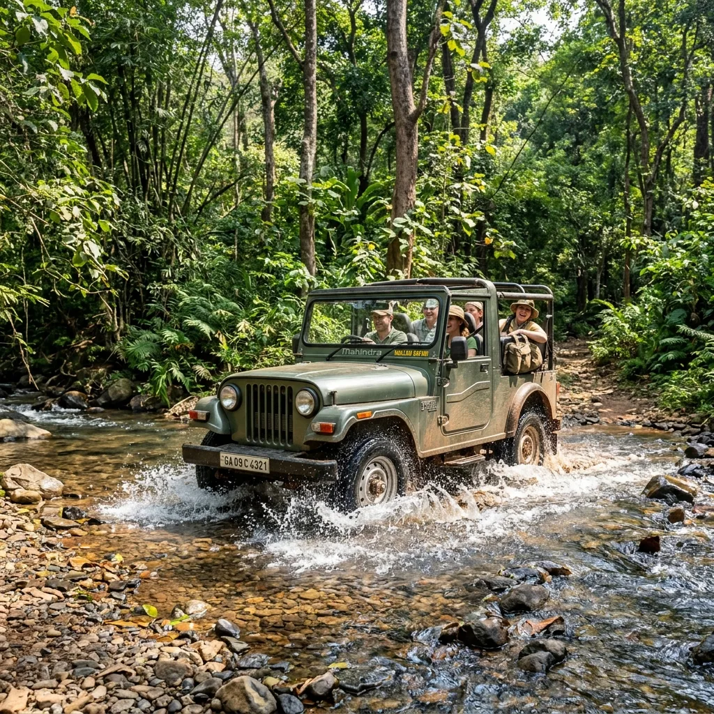 An open top 4x4 safari jeep crossing a shallow river stream in the lush forests of Mollem, Goa