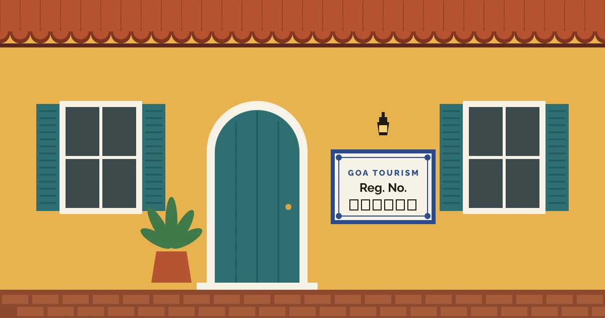 Illustration of a yellow Goan house front with teal shutters, an arched door, and a blue-bordered tile plaque reading Goa Tourism Reg. No.