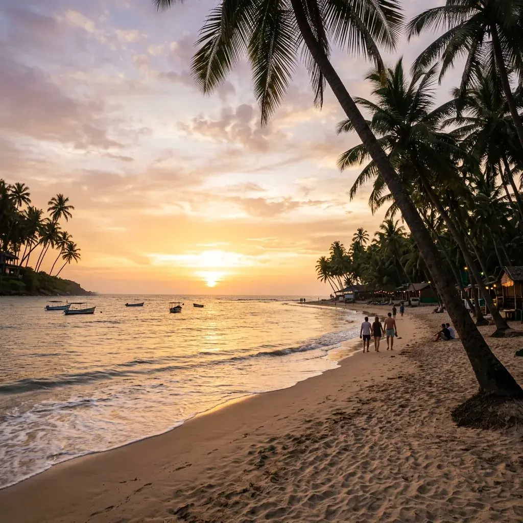 Beautiful sunset over the ocean on a palm-lined beach in South Goa