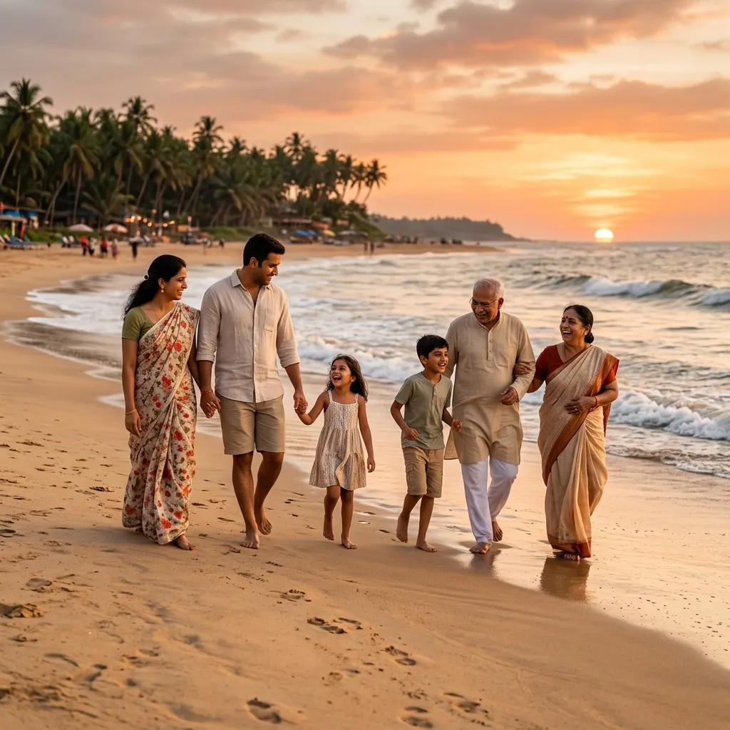 An Indian multi-generational family walking along a quiet Goa beach at sunset