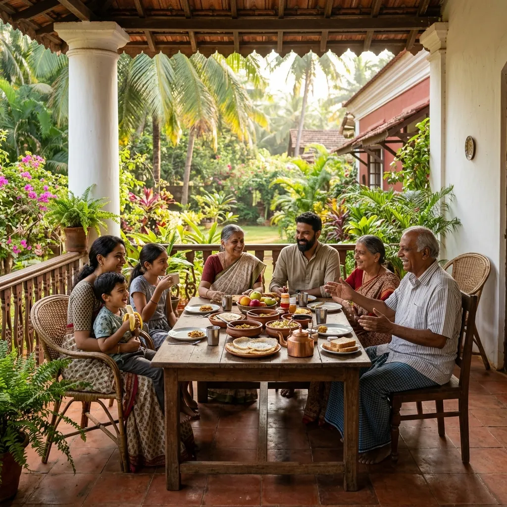 A happy Indian family sharing breakfast and conversations on the veranda of a Goan heritage villa