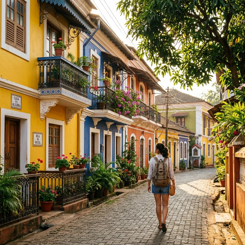 A traveler walking down a historic street in Fontainhas, Panjim, lined with colorful Portuguese villas