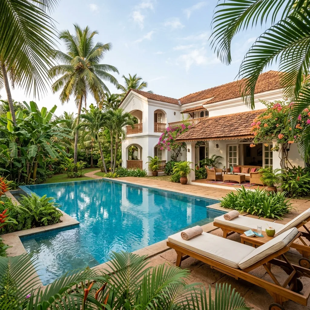 A premium luxury private pool villa in Goa surrounded by lush tropical palms