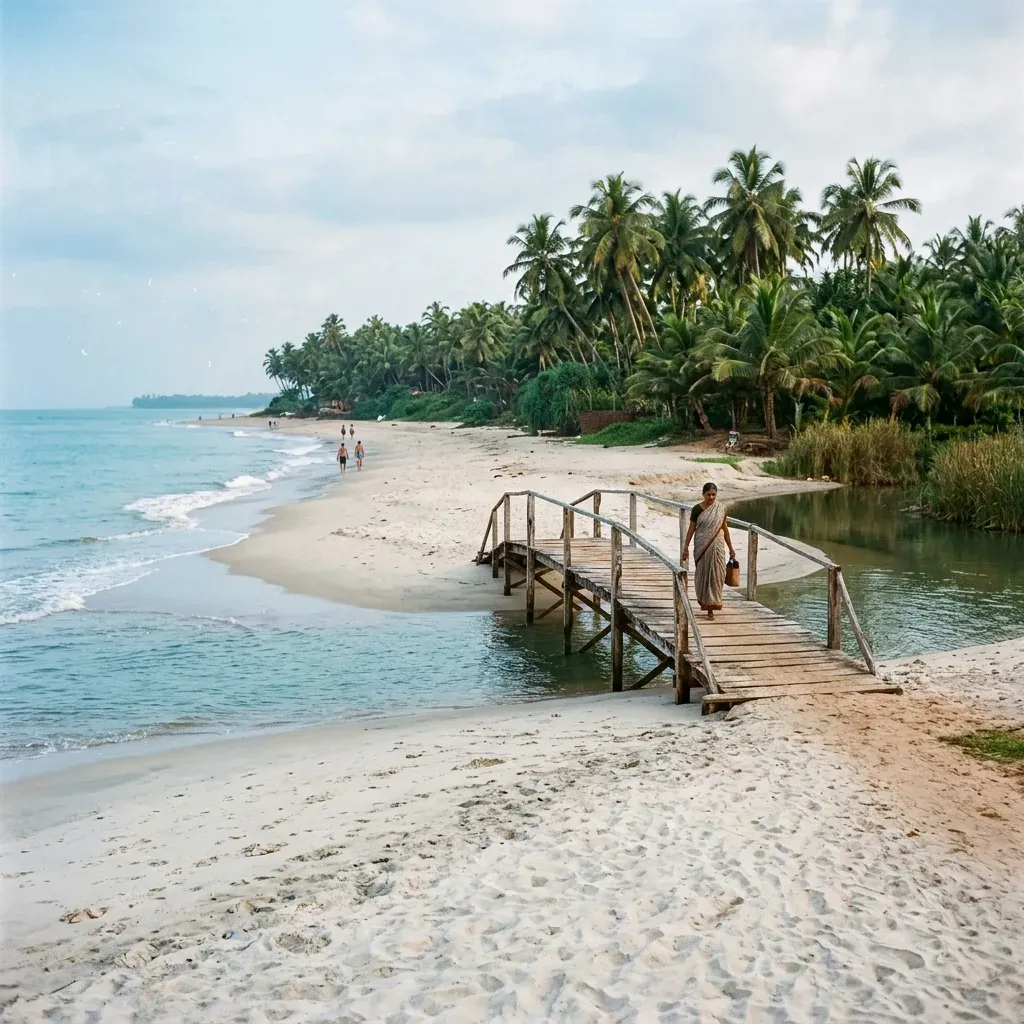 Scenic morning view of Mandrem Beach, Goa, with pristine sand, calm waves, and coconut palm trees lining the horizon
