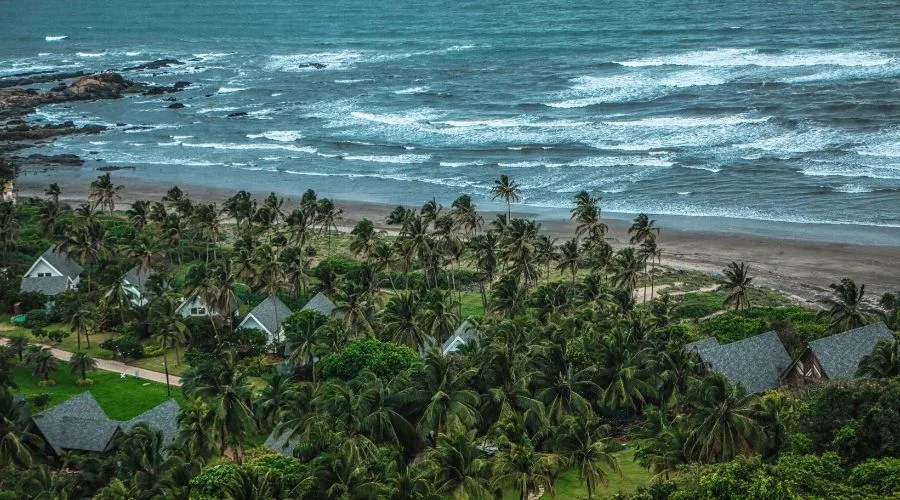 Luxury Goan villas tucked away in a thick coconut palm forest next to the stormy grey sea