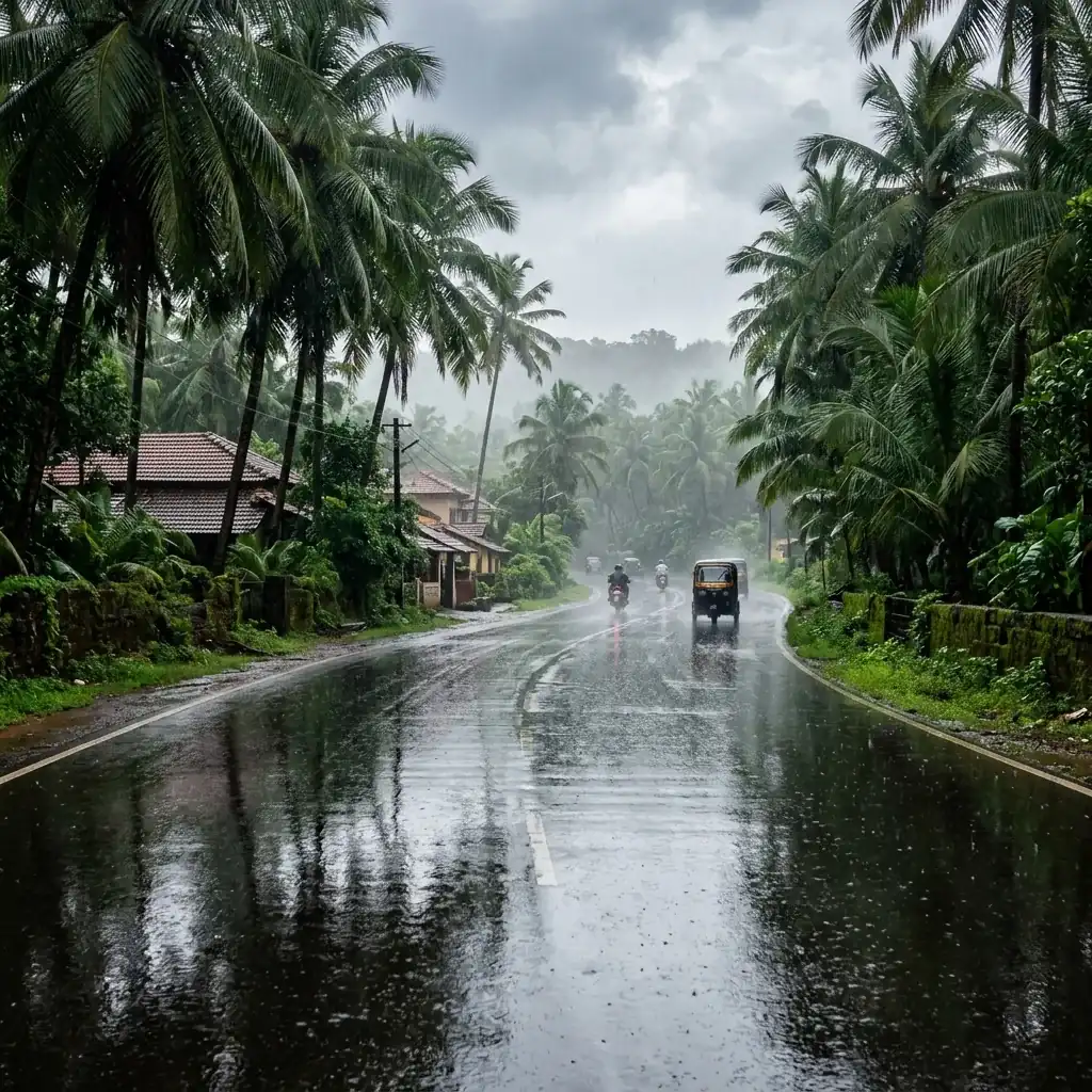 Palm-lined wet road reflecting palm trees during a fresh monsoon rainfall in Goa