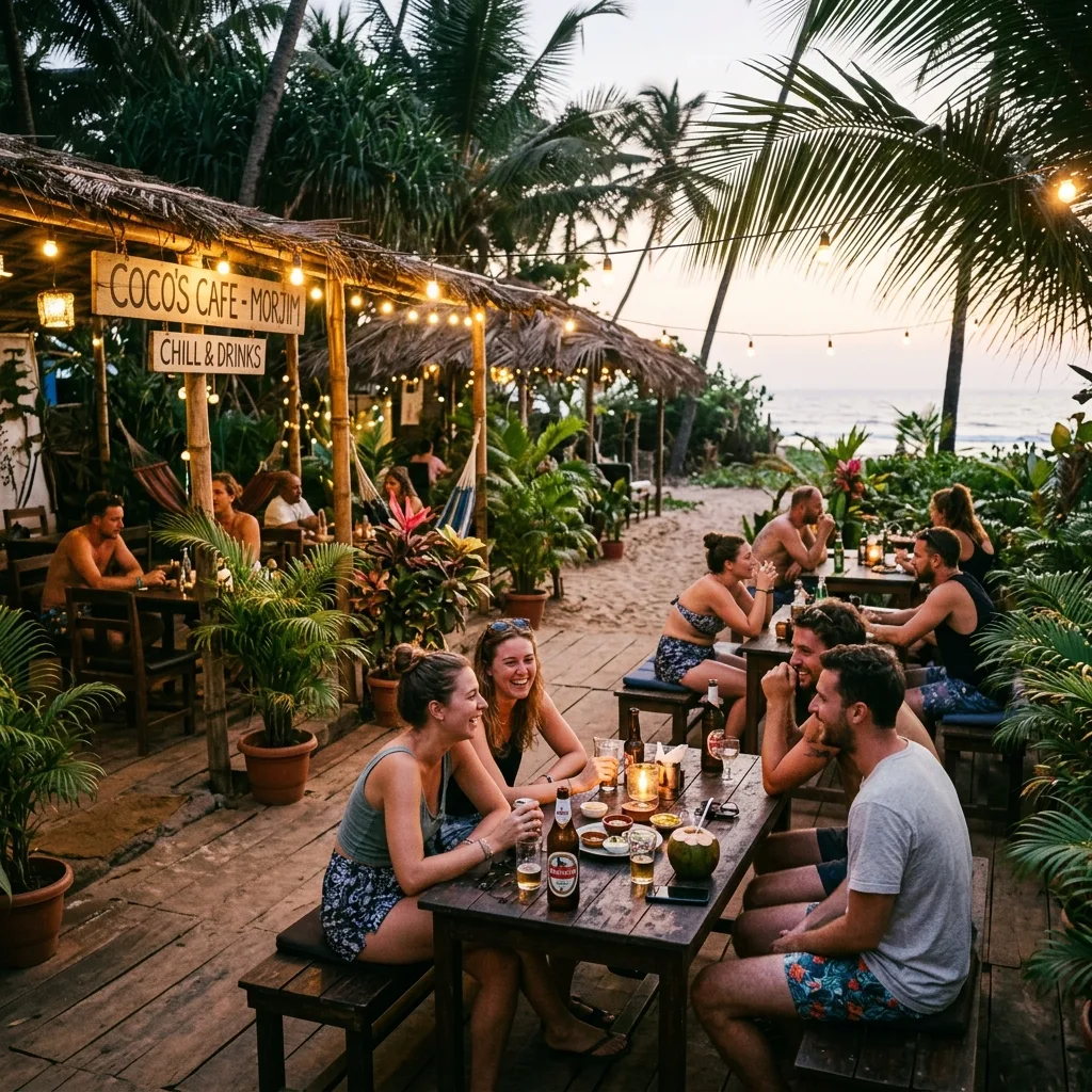 Lively and atmospheric beachside cafe in Morjim, Goa, with tourists sitting at wooden tables under a thatched roof with hanging lights