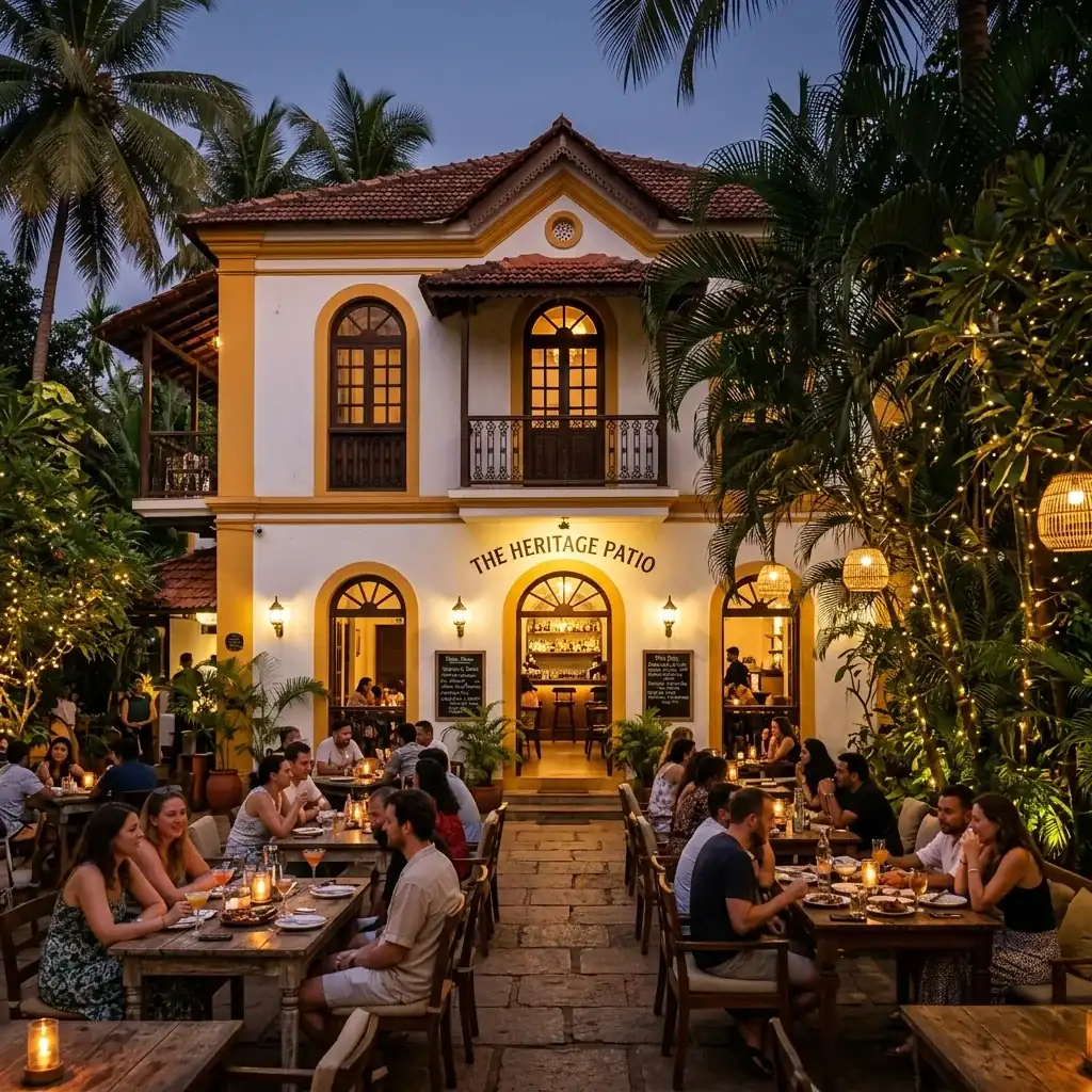Charming outdoor patio seating of a heritage Portuguese restaurant in Assagao, North Goa