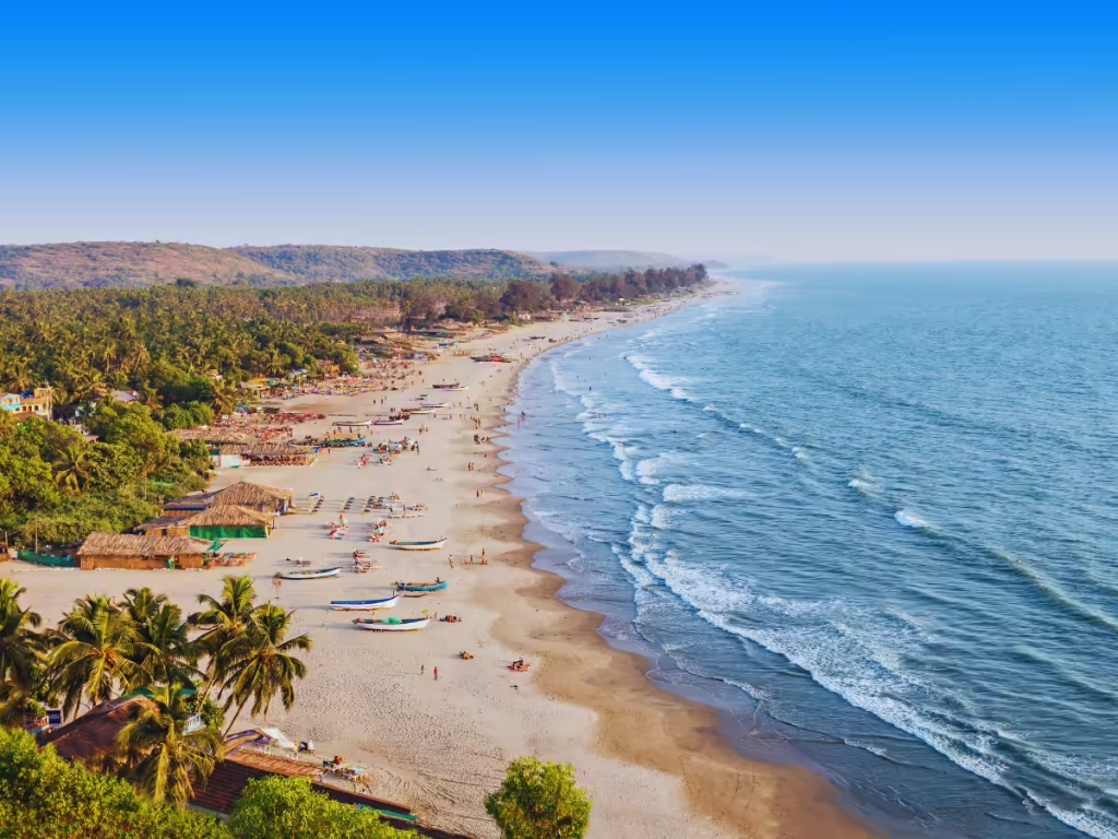 Aerial view of Palolem Beach bay in South Goa with boats on the sand