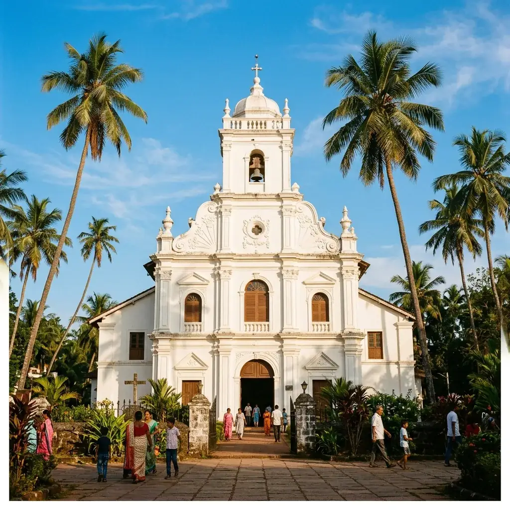 St. Anthony's Church in Siolim, North Goa, showing majestic whitewashed architecture and palm trees under a bright blue sky