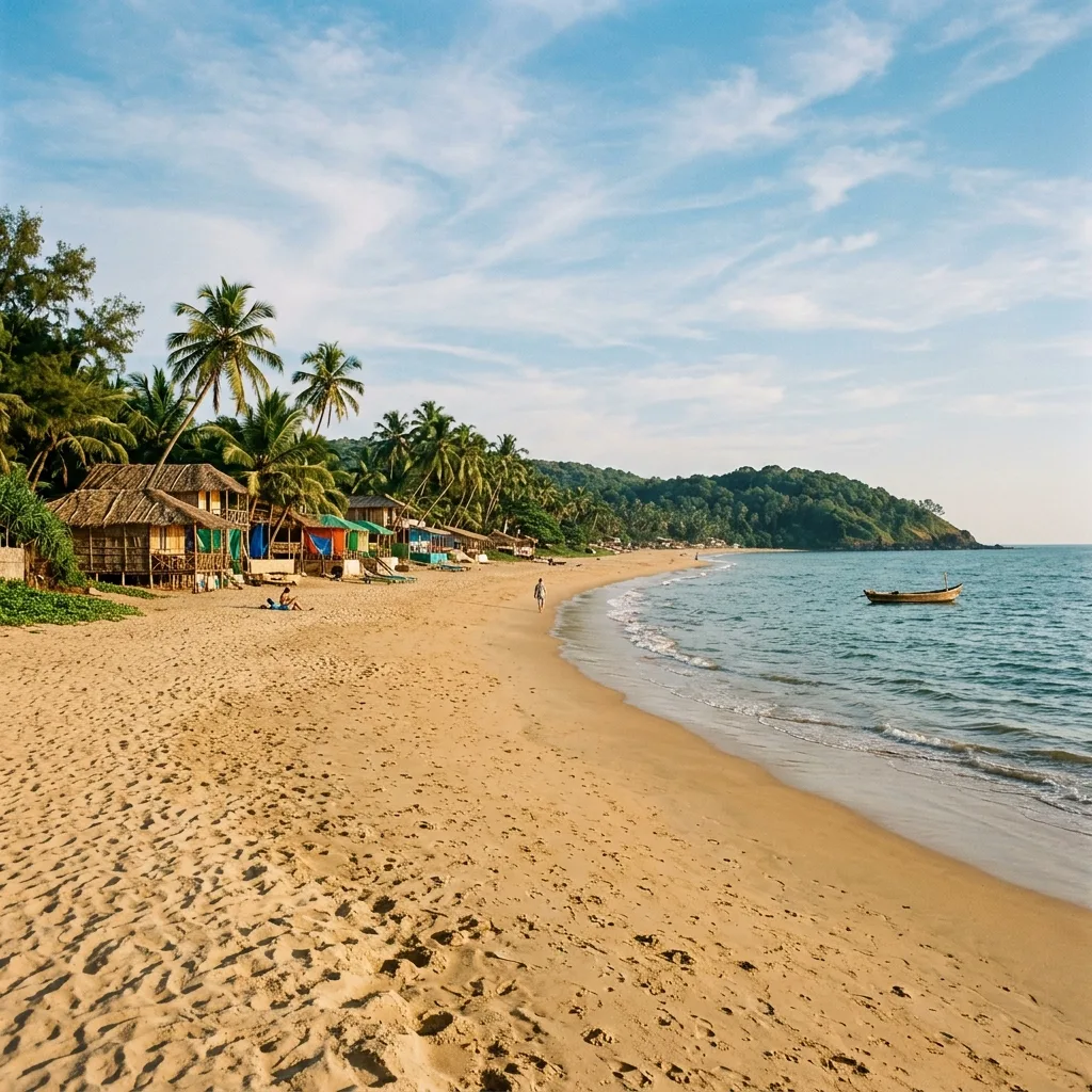 Pristine white sand beach lined with leaning coconut palms in South Goa