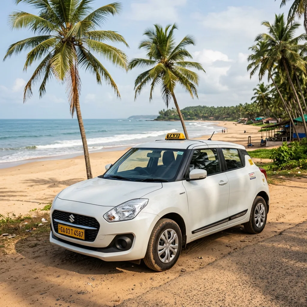 A white modern self-drive rental hatchback car parked beside a palm-fringed beach in Goa