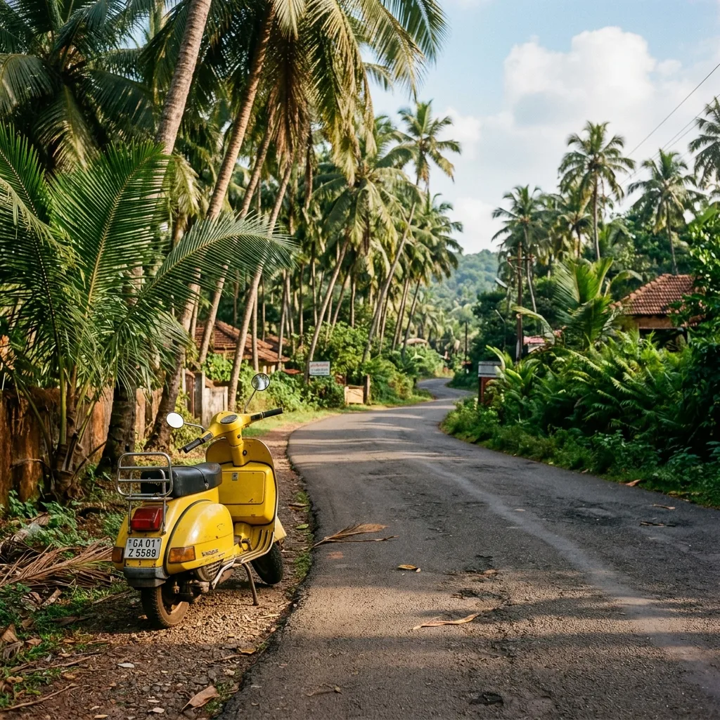 A classic yellow scooter parked along a winding scenic palm-lined road in Goa