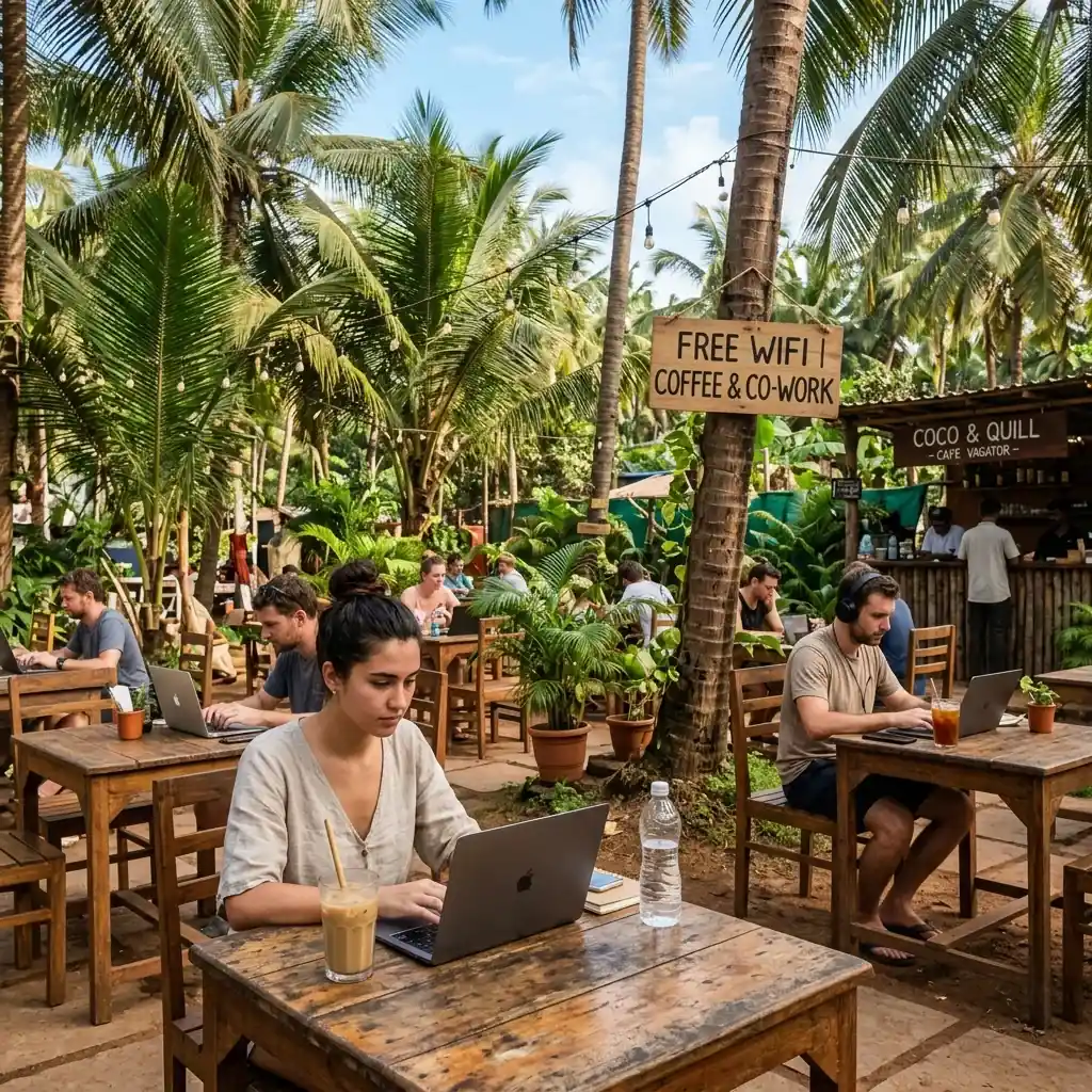 Laptop open at an outdoor tropical cafe in Vagator, Goa with a Free Wifi sign