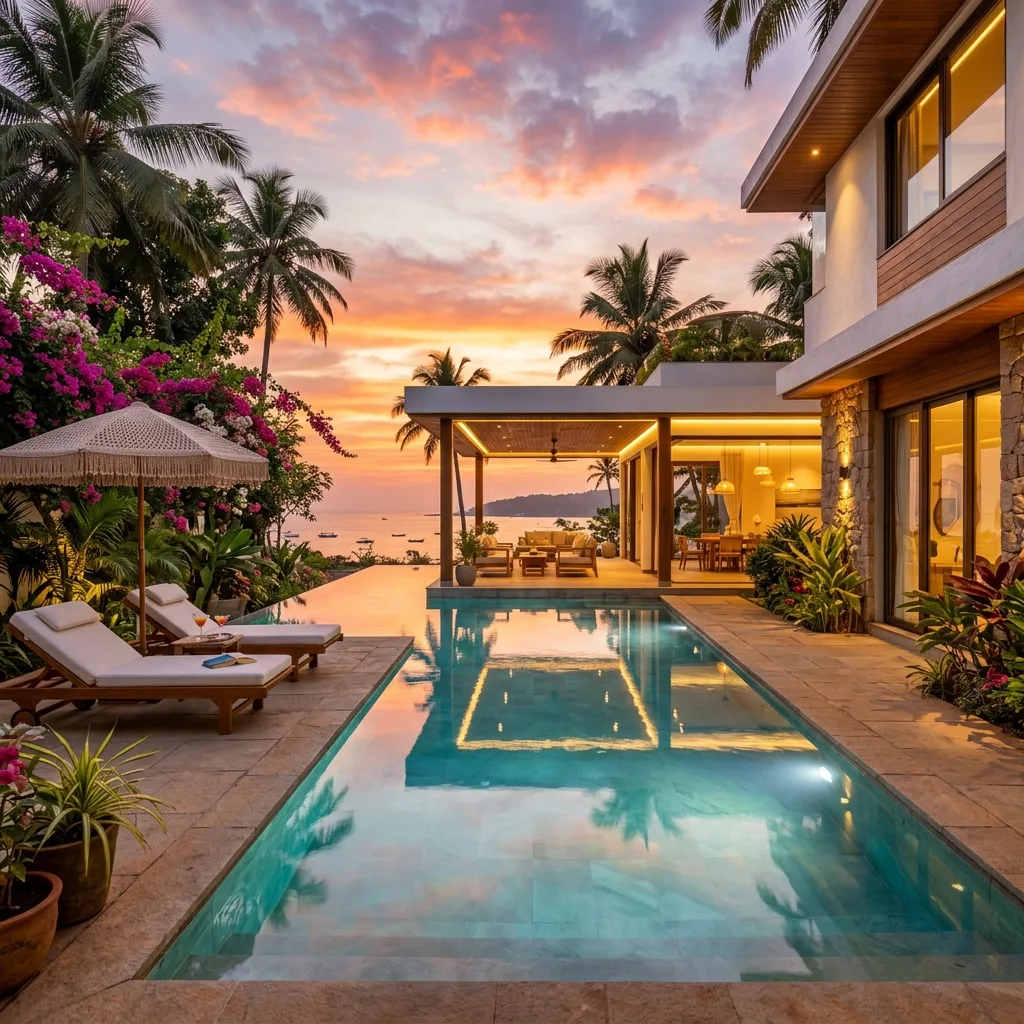 A beautiful premium private pool villa in Goa surrounded by lush tropical palms at sunset