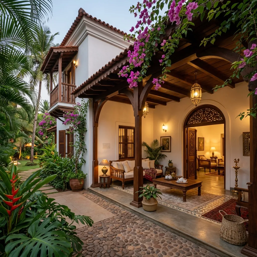 A professional, beautiful modern Indian heritage holiday home veranda in Goa with warm ambient lighting