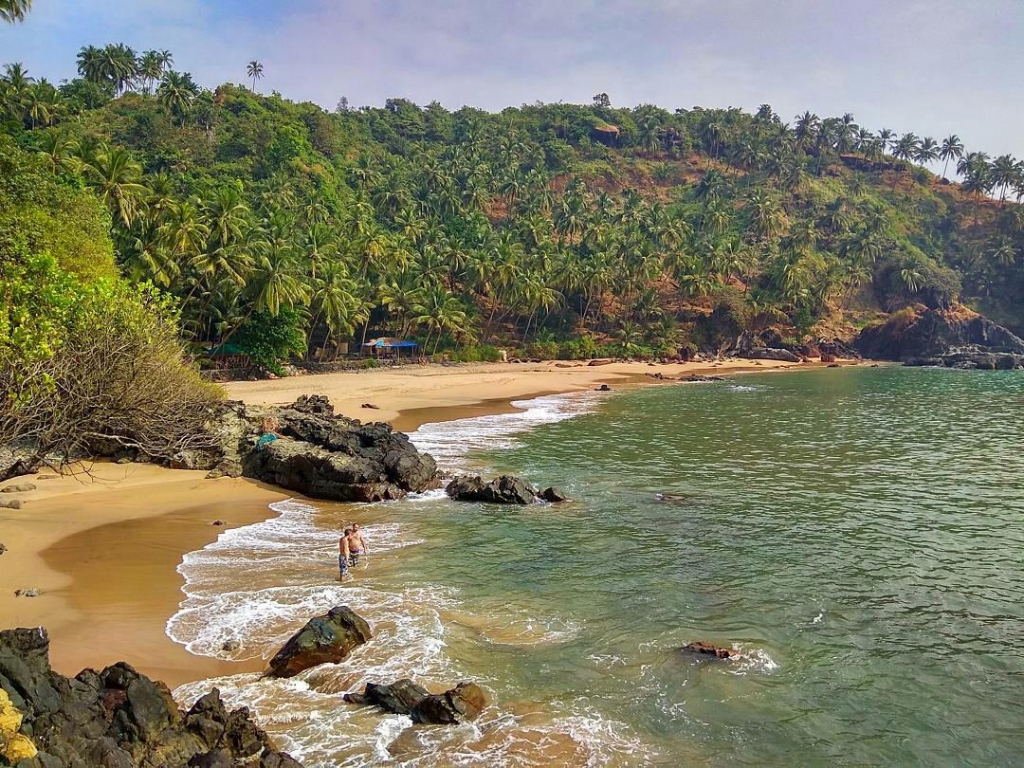 Panoramic view of Kakolem Beach (Tiger Beach) in South Goa with golden sand beneath red laterite cliffs
