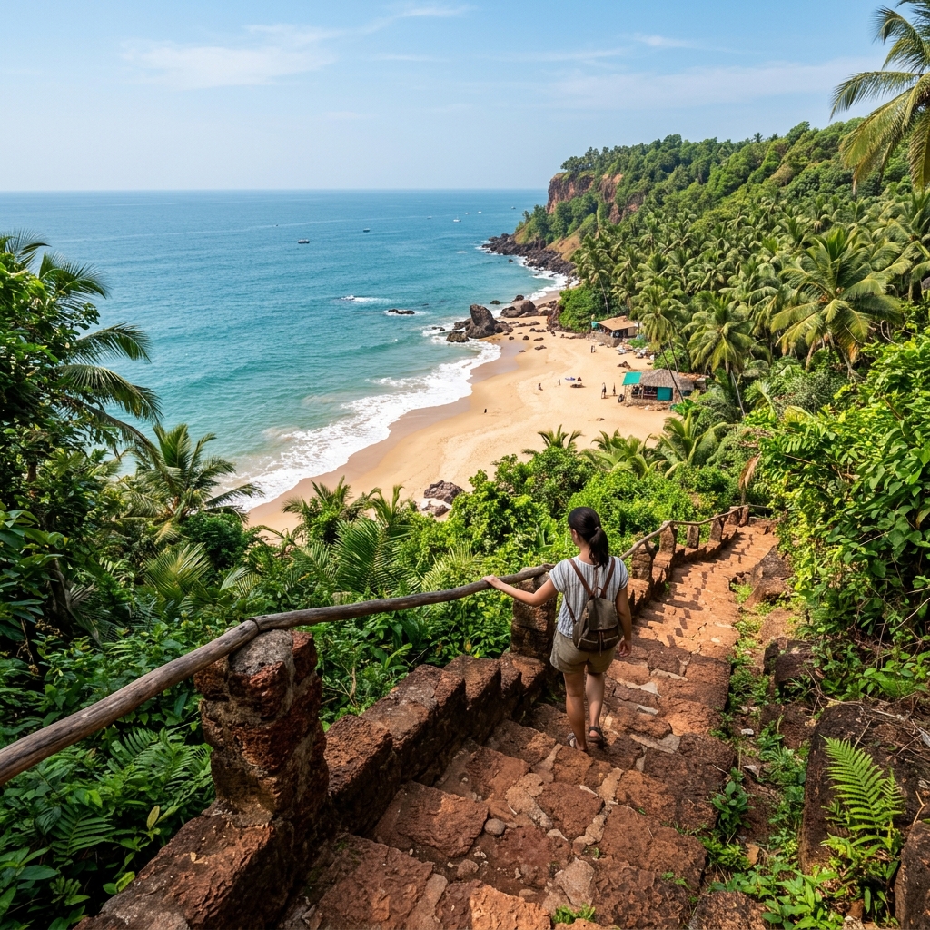 Steep rustic stone staircase carved into the cliff leading down to Kakolem Beach in South Goa