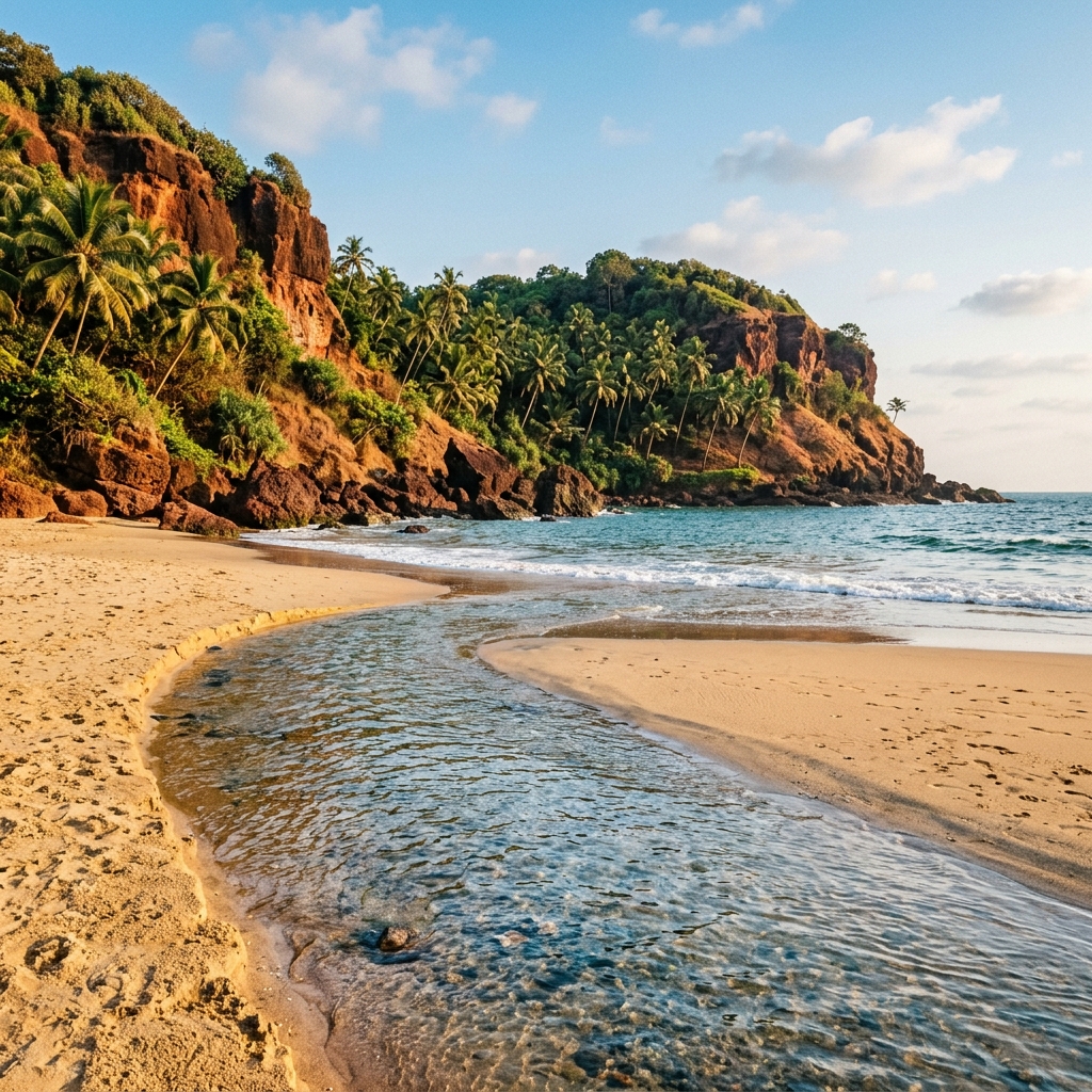 Freshwater stream flowing across golden sand into the ocean at Kakolem Beach in South Goa