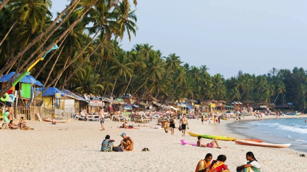 Beautiful view of Patnem Beach coastline with coconut palms, sunbeds, and turquoise sea