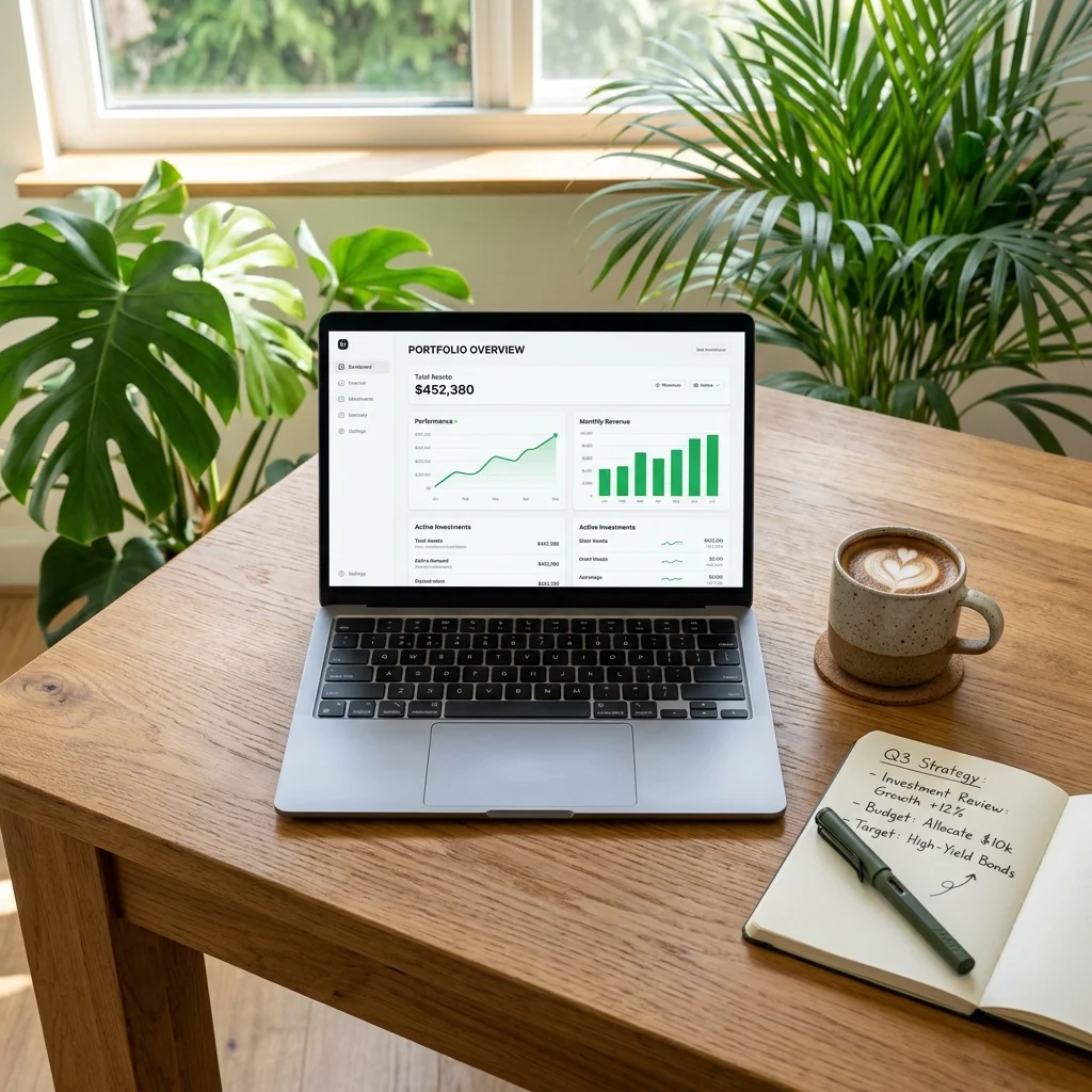 Sleek host home office flat-lay with laptop displaying performance charts and tropical palm trees outside the window