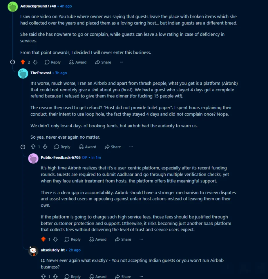 Reddit forum discussion showing host complaints about arbitrary refunds and loophole exploitation on Airbnb
