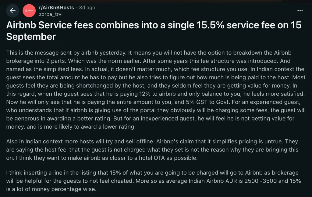 Reddit post from r/AirBnBHosts discussing the impact of the 15.5% simplified fee structure in India