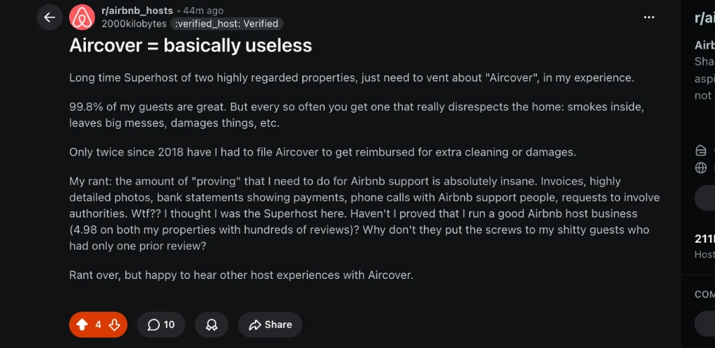 Reddit thread on r/Airbnb_Hosts complaining about AirCover verification documentation