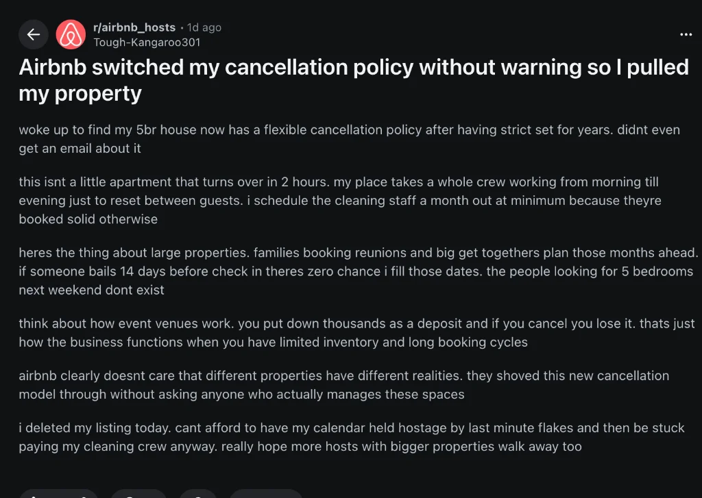 Reddit thread on r/Airbnb_Hosts about cancellation policy changes forced by Airbnb