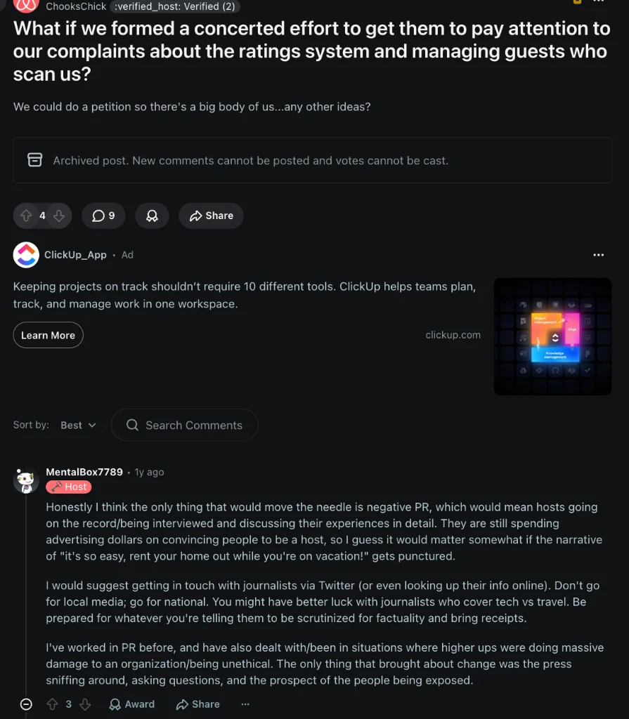 Reddit thread on r/Airbnb_Hosts discussing host rating issues and support complaints