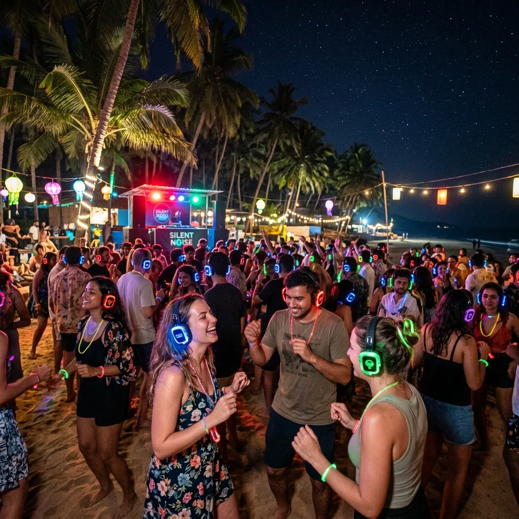 Vibrant beach silent disco party at Silent Noise club in Palolem South Goa under a starry night sky