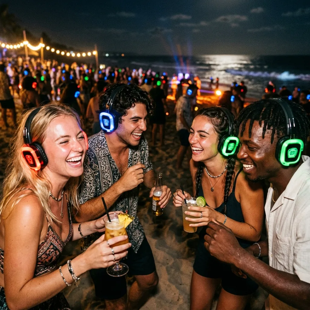 Group of friends laughing and dancing wearing glowing wireless headphones at Silent Noise Goa silent disco party