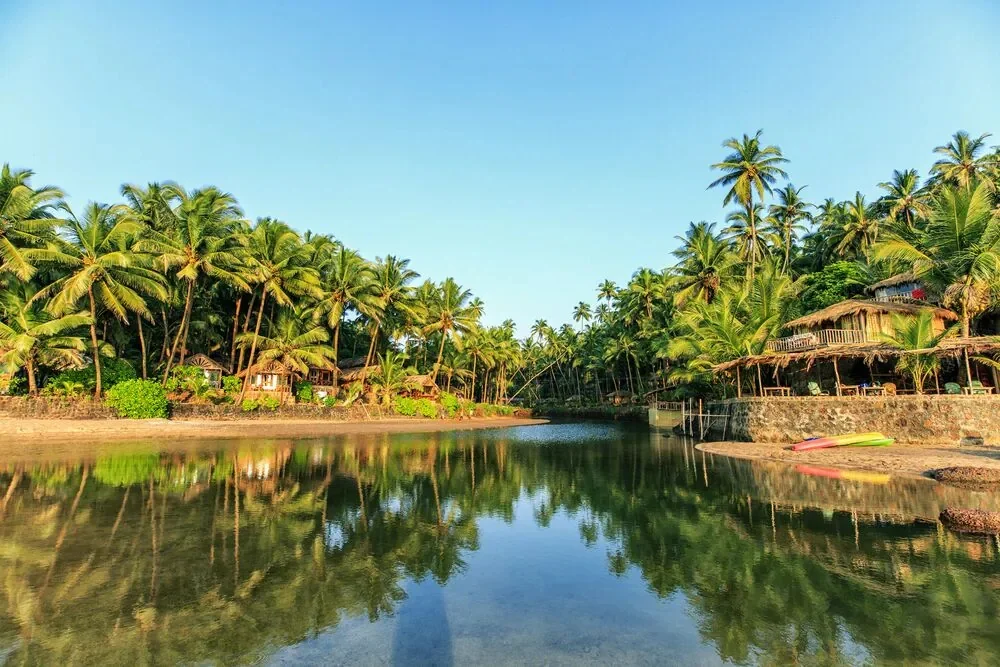 Calm river backwaters in South Goa reflecting leaning coconut palms and wooden bungalows