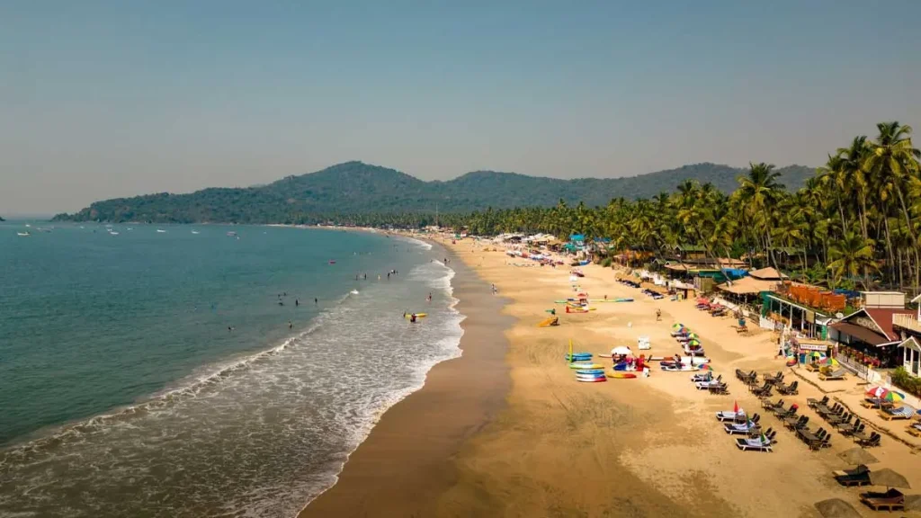 Beautiful aerial view of Palolem Beach shoreline with sandy bay, umbrellas, and leaning coconut palms