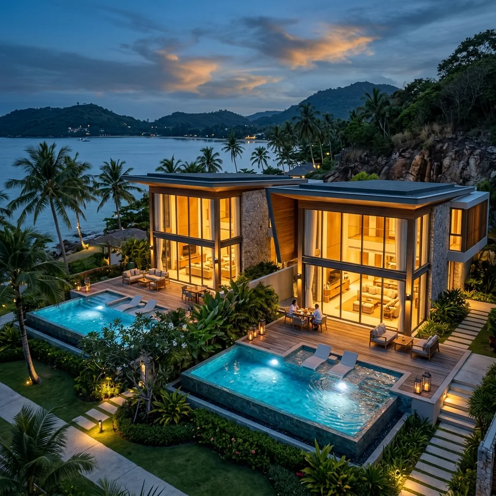 Two premium holiday villas side-by-side representing business scaling and expansion
