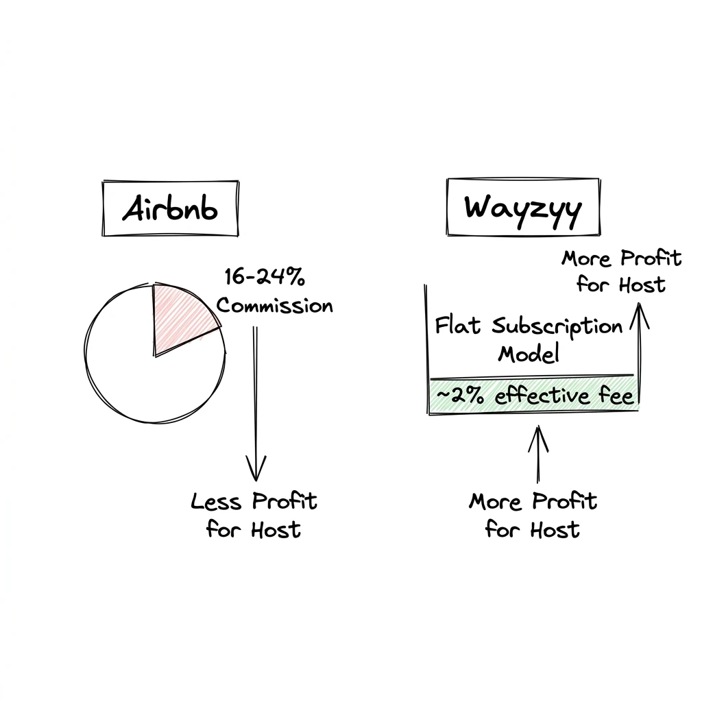 A business graphic showing the comparison of Airbnb commission rates vs Wayzyy subscription fees